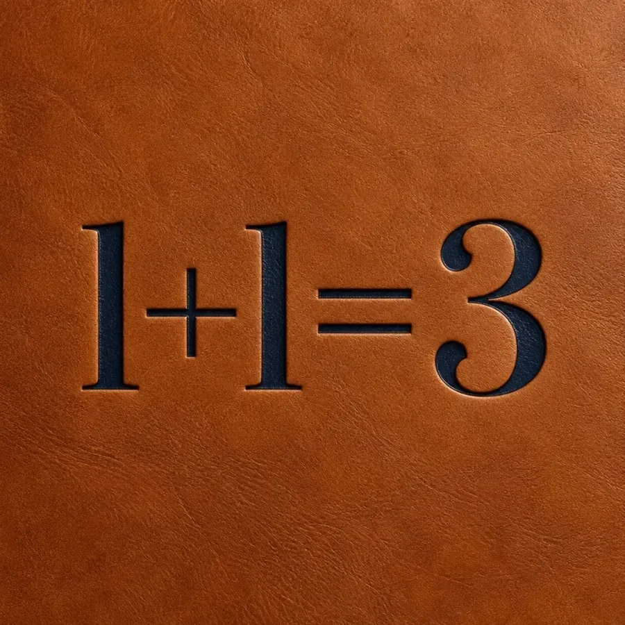 Надпис 1+1=3, релефно изписан върху кожа